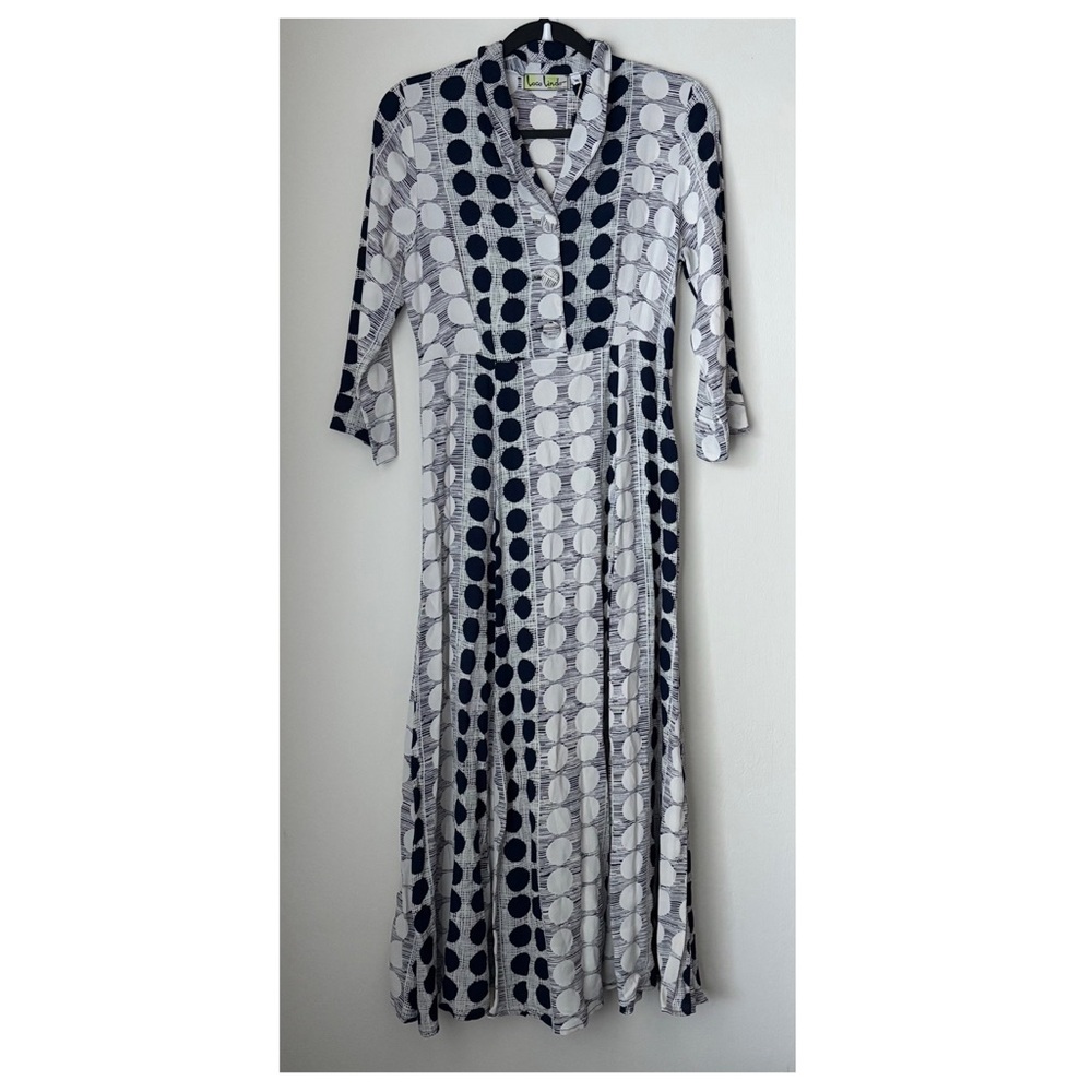 Loco Lindo 1940s Sleeved Vintage Day Dress Size Small Polka Dots Blue White